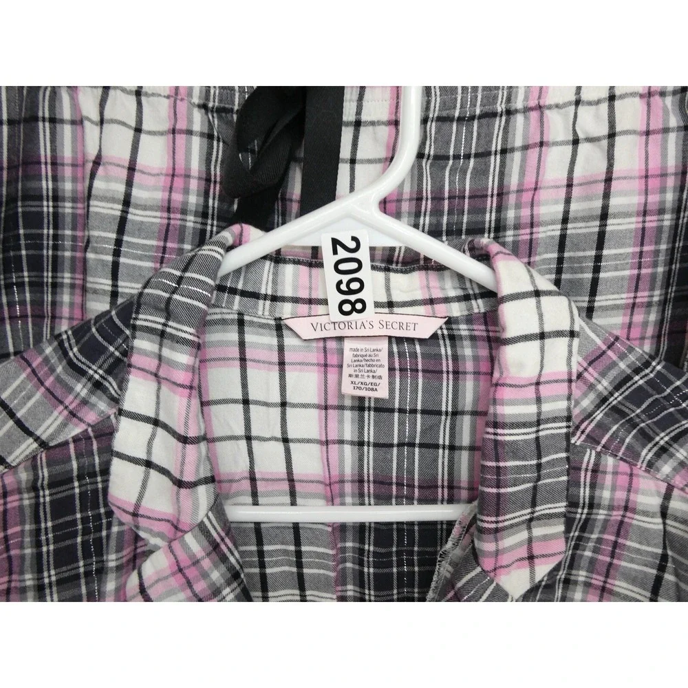 Victoria's Secret Womens Pajama Set XL Pink Plaid Button Up Sleepwear Drawstring